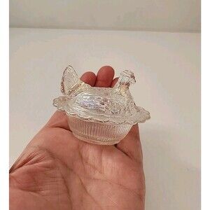 Vintage Mosser Iridescent Crystal Clear Glass Mini Hen on Nest Salt Cellar 2.75"